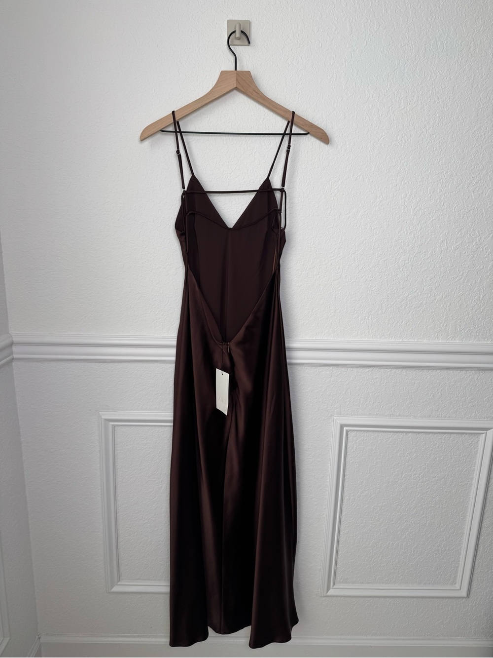 NWT Zara Chocolate Brown Satin Strappy Maxi Dress Size L - Picture 5 of 6